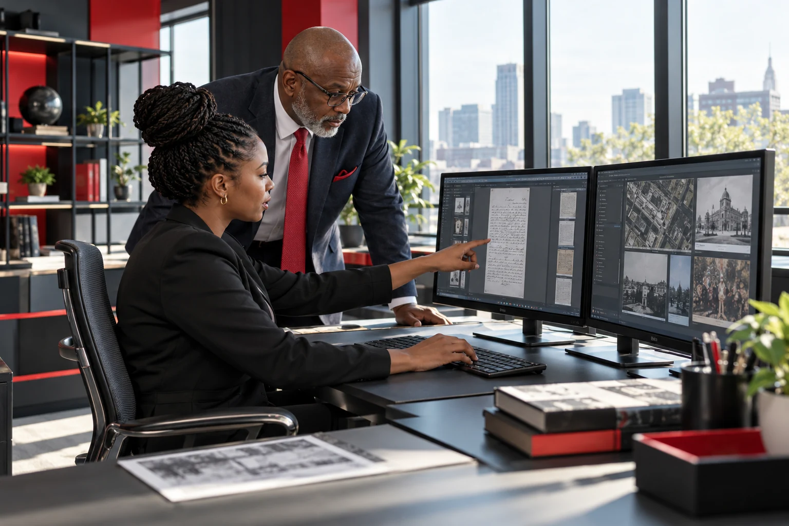 Analyst reviewing documents, imagery and analytics at a workstation
