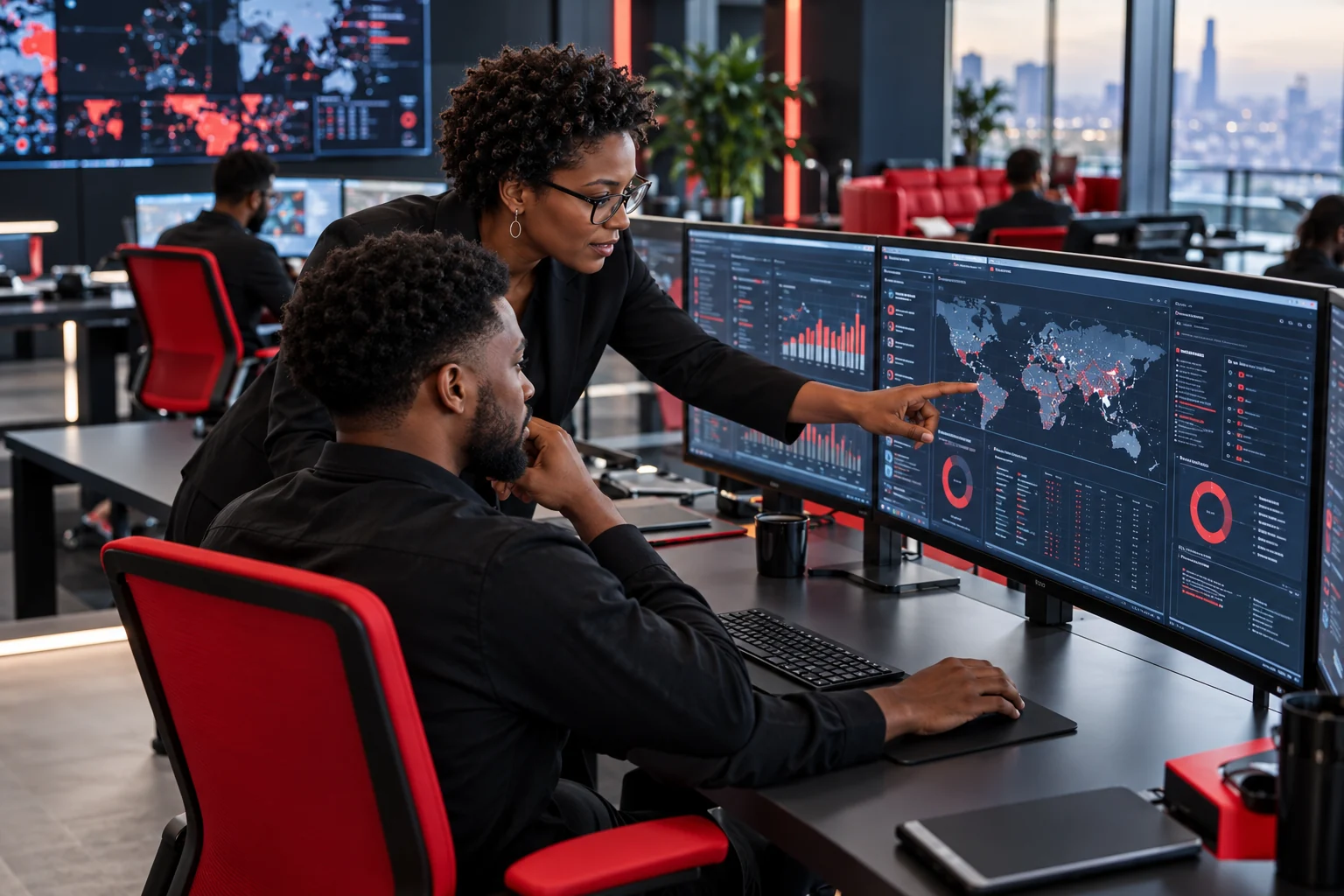 Data engineering team reviewing connected information in an operations environment
